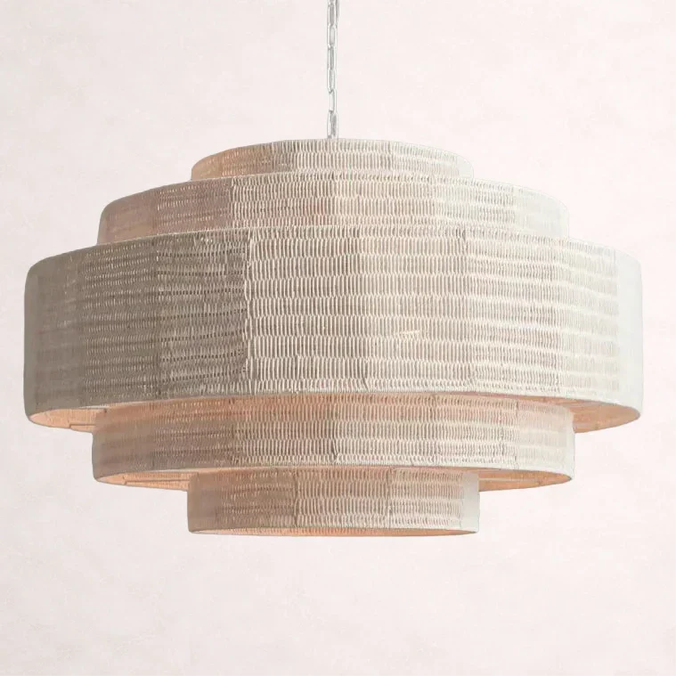 Woven Rattan Chandelier Layered Iron Frame Adjustable Height Pendant Light Dining Room Living Room Lighting | Sansoti