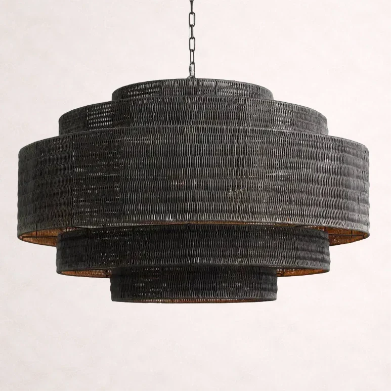 Woven Rattan Chandelier Layered Iron Frame Adjustable Height Pendant Light Dining Room Living Room Lighting | Sansoti