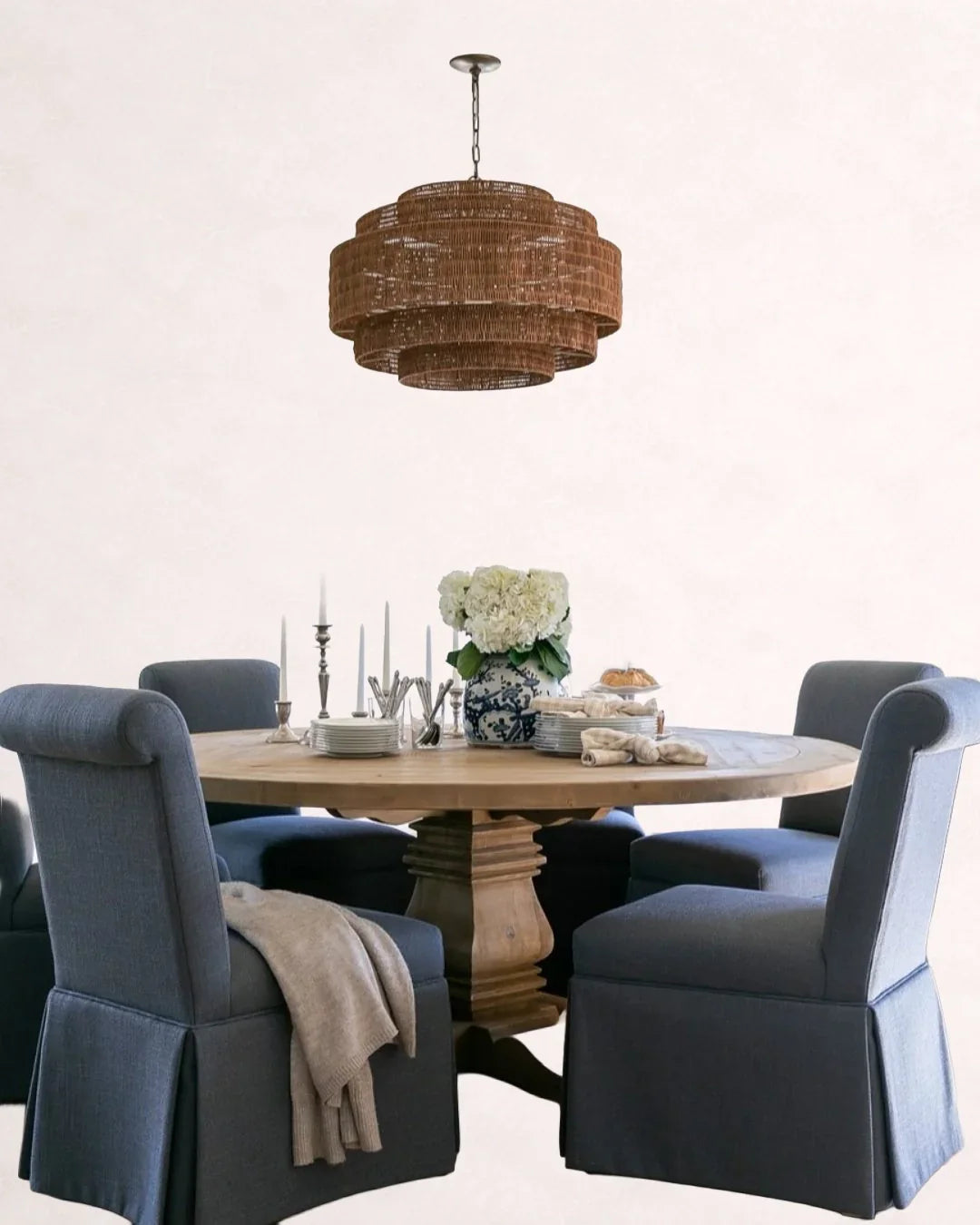 Woven Rattan Chandelier Layered Iron Frame Adjustable Height Pendant Light Dining Room Living Room Lighting | Sansoti