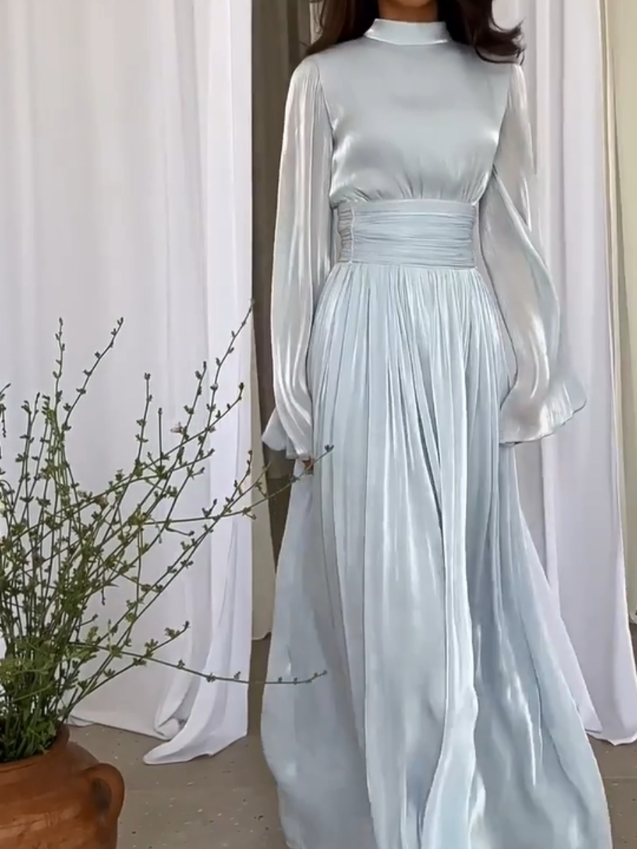 Maxi jurk dames met zwierige pasvorm beige blauw wit zomer feestelijke gelegenheden vrijetijd elegante stijl | Sansoti