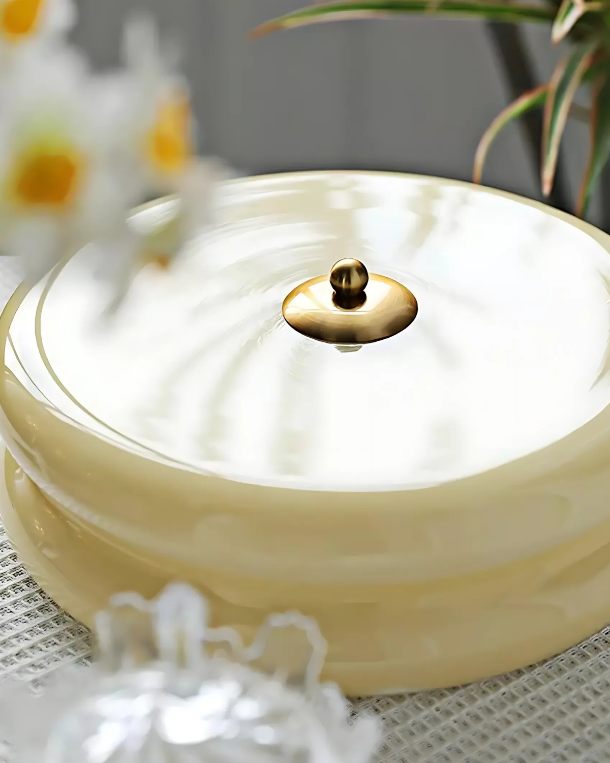 Art Deco Ceiling Lamp In Beige With Chrome Accent And Warm Ambient Lighting | Sansoti