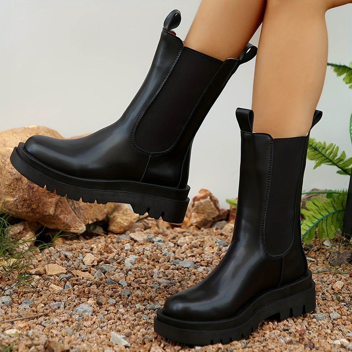 Knee-High Boots Black Women's Elastic Closure Chunky Heel Winter Boots Elegant Riding Boots Comfortable | Sansoti