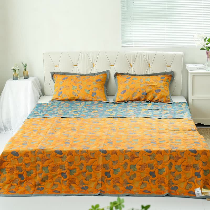 Couvre-lit réversible à motif de feuilles de ginkgo 200x230, tissage jacquard, en coton, couverture double pour chambre à coucher | Sansoti