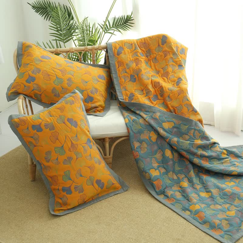 Couvre-lit réversible à motif de feuilles de ginkgo 200x230, tissage jacquard, en coton, couverture double pour chambre à coucher | Sansoti