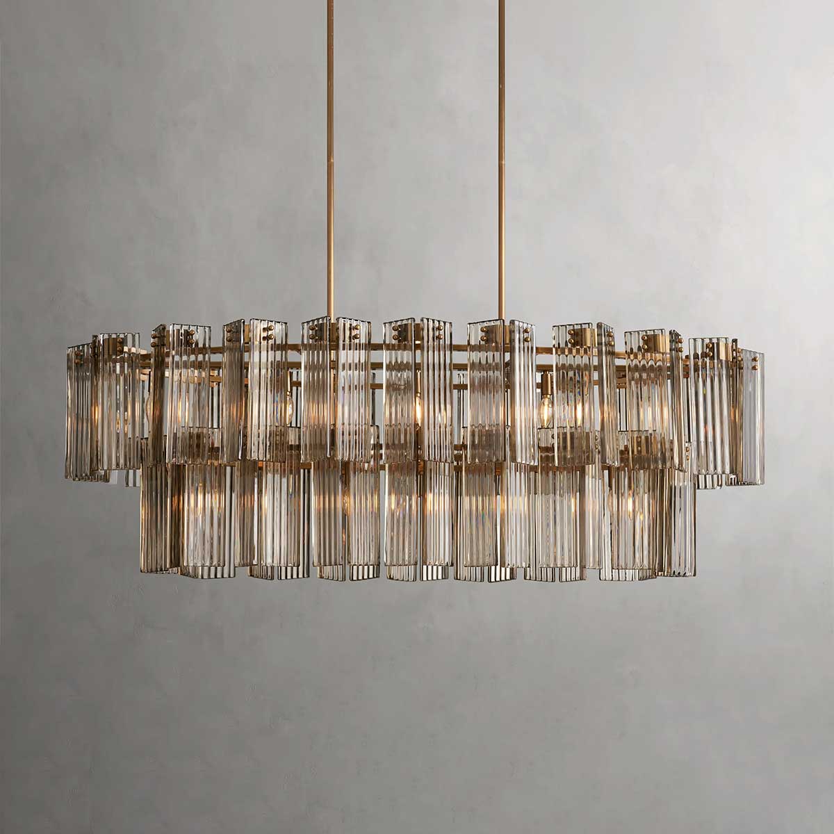 Oval Chandelier Ribbed Glass Steel Frame 51-72cm Adjustable Height E12 Socket Brass Bronze Dining Room | Sansoti
