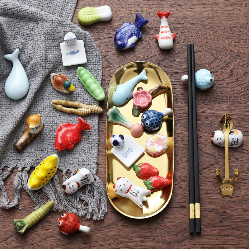 Ceramic Chopstick Rest with Animal and Fruit Motifs – Set of 3 | Sansoti