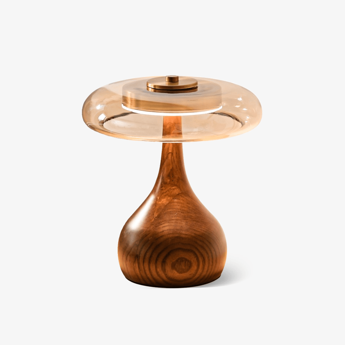 Tischleuchte mit gebogenem Holzfuß und bernsteinfarbenem Glasschirm – modernes skandinavisches Design – warmweißes Licht – Plug-in, 150-cm-Kabel – ø 8,7" – 2 Höhen | Sansoti