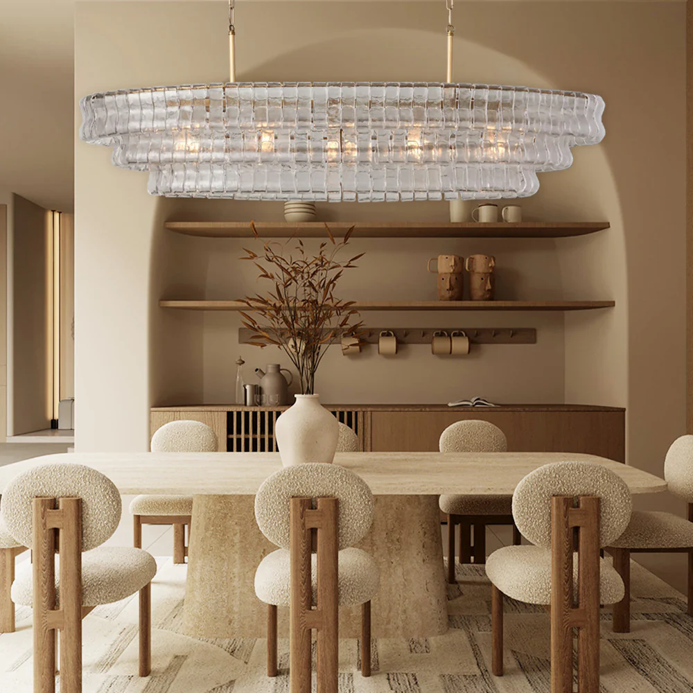 Ovale Kroonluchter met Gebogen Glas 137cm Verstelbare Hoogte Stalen Frame Eetkamer Woonkamer Hanglamp | Sansoti