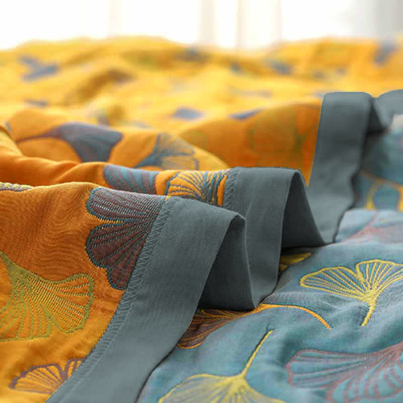 Couvre-lit réversible à motif de feuilles de ginkgo 200x230, tissage jacquard, en coton, couverture double pour chambre à coucher | Sansoti