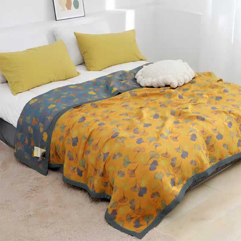 Couvre-lit réversible à motif de feuilles de ginkgo 200x230, tissage jacquard, en coton, couverture double pour chambre à coucher | Sansoti
