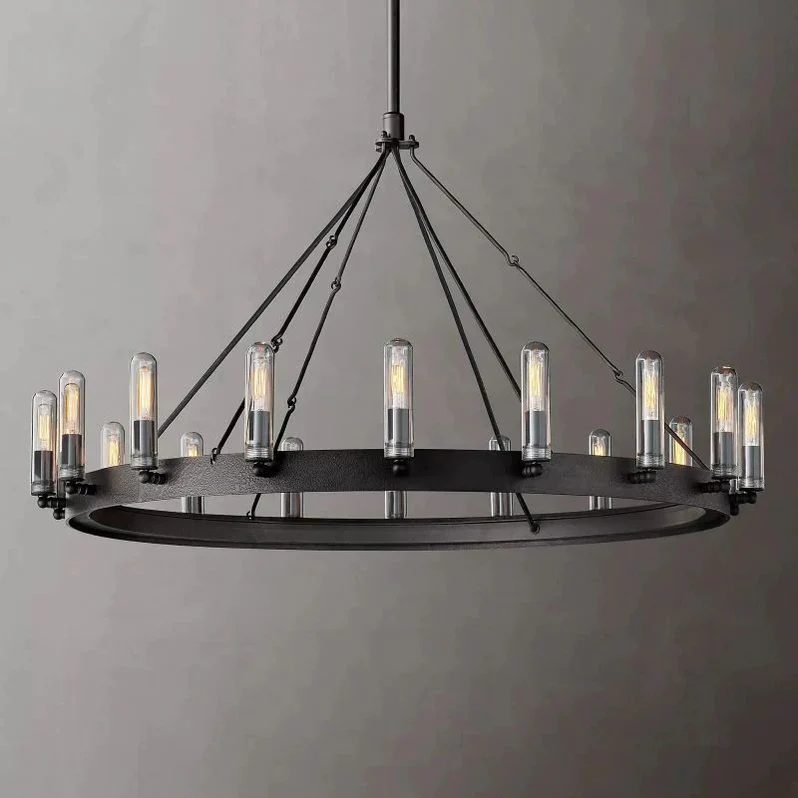 Round Vintage Filament Chandelier, Outdoor Lighting, Matte Black Iron, 18–30 Lights, Dimmable, Industrial | Sansoti