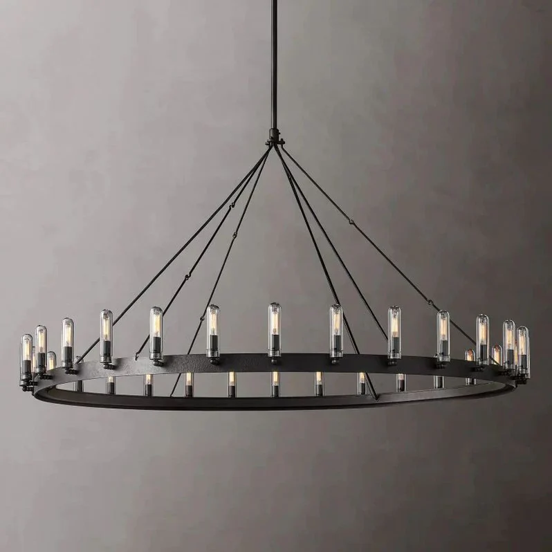 Runder Kronleuchter im Vintage-Stil mit Filament-Leuchtmitteln, Außenbeleuchtung, mattschwarzes Eisen, 18–30 Lichtpunkte, dimmbar, industriell | Sansoti