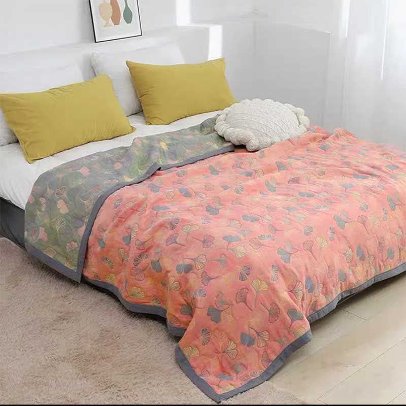 Couvre-lit réversible à motif de feuilles de ginkgo 200x230, tissage jacquard, en coton, couverture double pour chambre à coucher | Sansoti