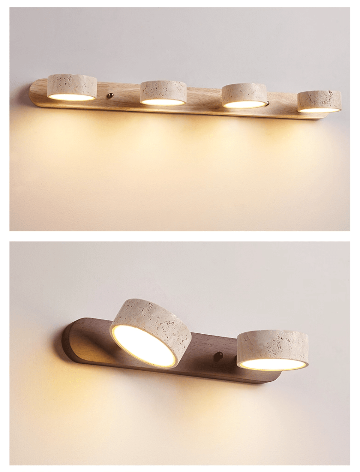 Travertin-Wandlampe mit Holzfuß und doppelter LED-Lichtquelle, natürliches Stein-Design, Wandbeleuchtung für Schlafzimmer, Flur und Wohnzimmer | Sansoti