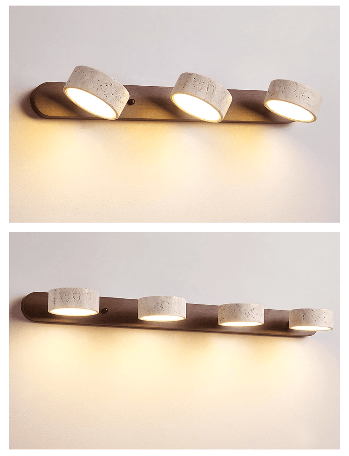Travertin-Wandlampe mit Holzfuß und doppelter LED-Lichtquelle, natürliches Stein-Design, Wandbeleuchtung für Schlafzimmer, Flur und Wohnzimmer | Sansoti