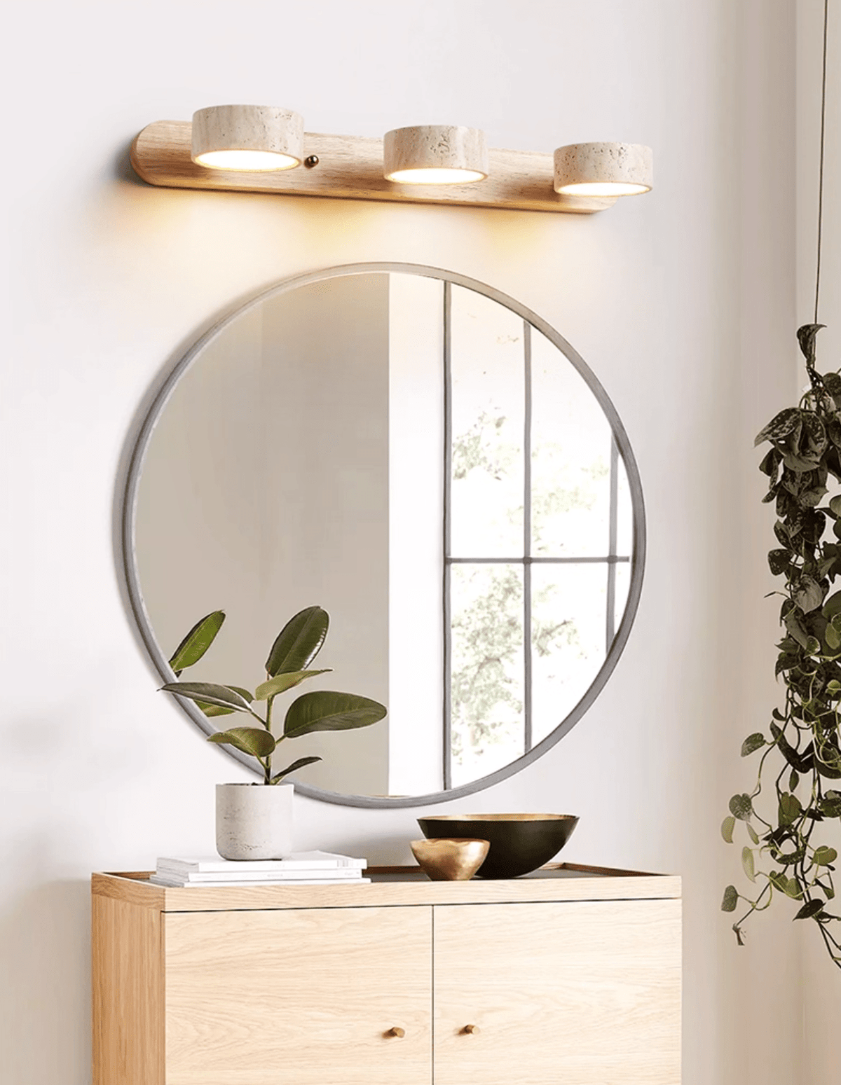 Travertin-Wandlampe mit Holzfuß und doppelter LED-Lichtquelle, natürliches Stein-Design, Wandbeleuchtung für Schlafzimmer, Flur und Wohnzimmer | Sansoti