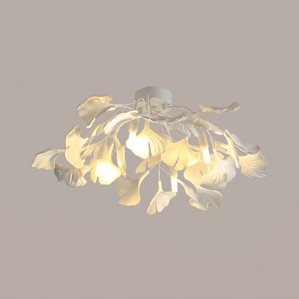 Keramische Hängelampe Ginkgo-Blatt – Goldfarbene Fassung mit weißen Blättern – Modernes, von der Natur inspiriertes Design für Wohnzimmer Esszimmer Schlafzimmer | Sansoti
