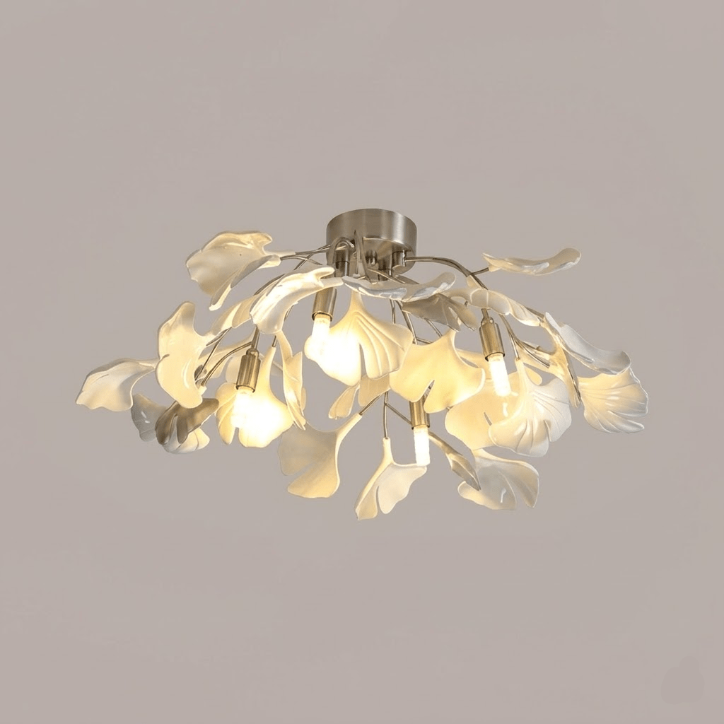 Keramische Hängelampe Ginkgo-Blatt – Goldfarbene Fassung mit weißen Blättern – Modernes, von der Natur inspiriertes Design für Wohnzimmer Esszimmer Schlafzimmer | Sansoti