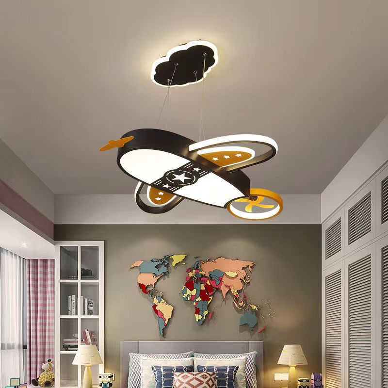 Flugzeug-Hängeleuchte fürs Kinderzimmer, dimmbare LED mit Fernbedienung, Acryl und Eisen, 20 cm, Deckenlampe fürs Jungenzimmer | Sansoti