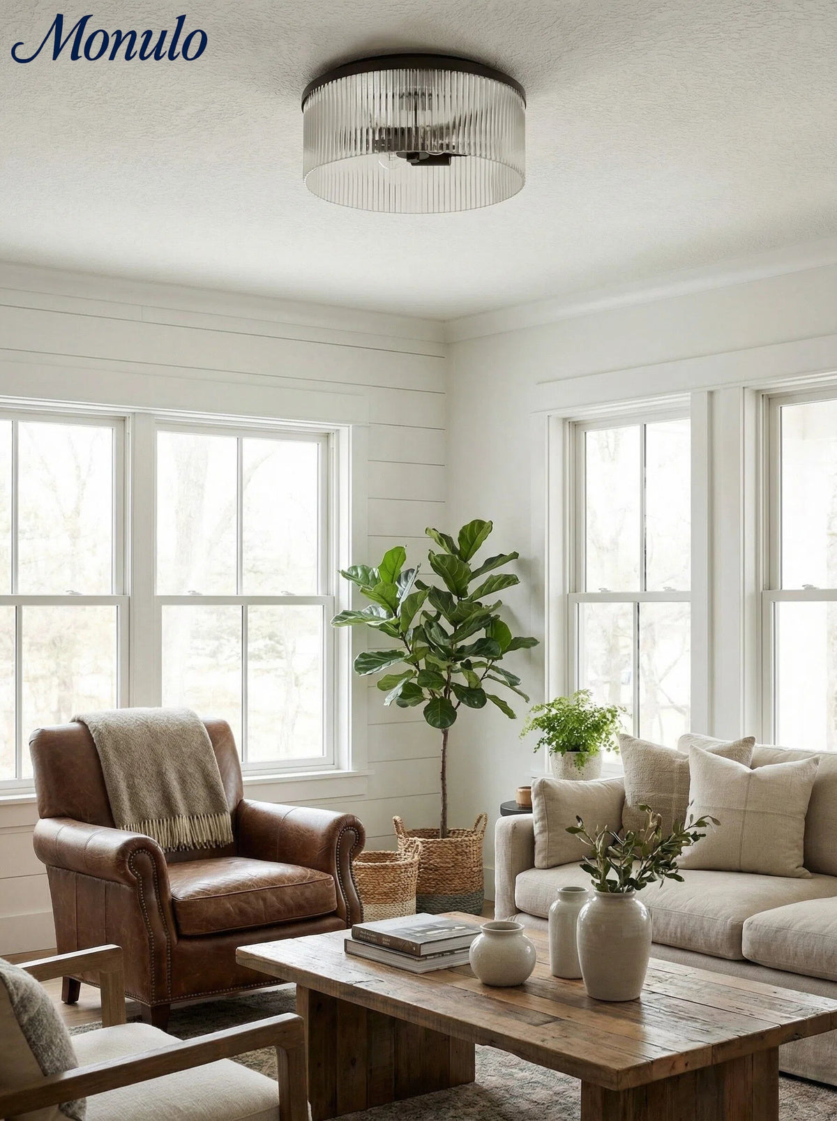 Ribbed Glass Ceiling Lamp Modern Low-Profile Design Bedroom Living Room Hall | Sansoti