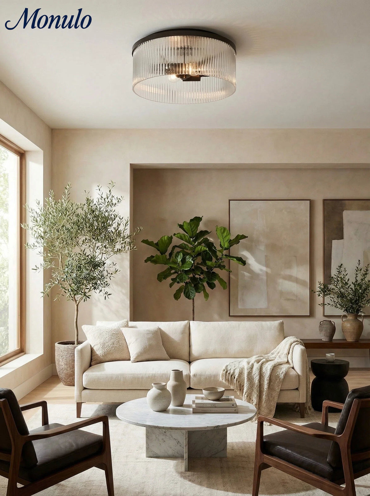 Ribbed Glass Ceiling Lamp Modern Low-Profile Design Bedroom Living Room Hall | Sansoti