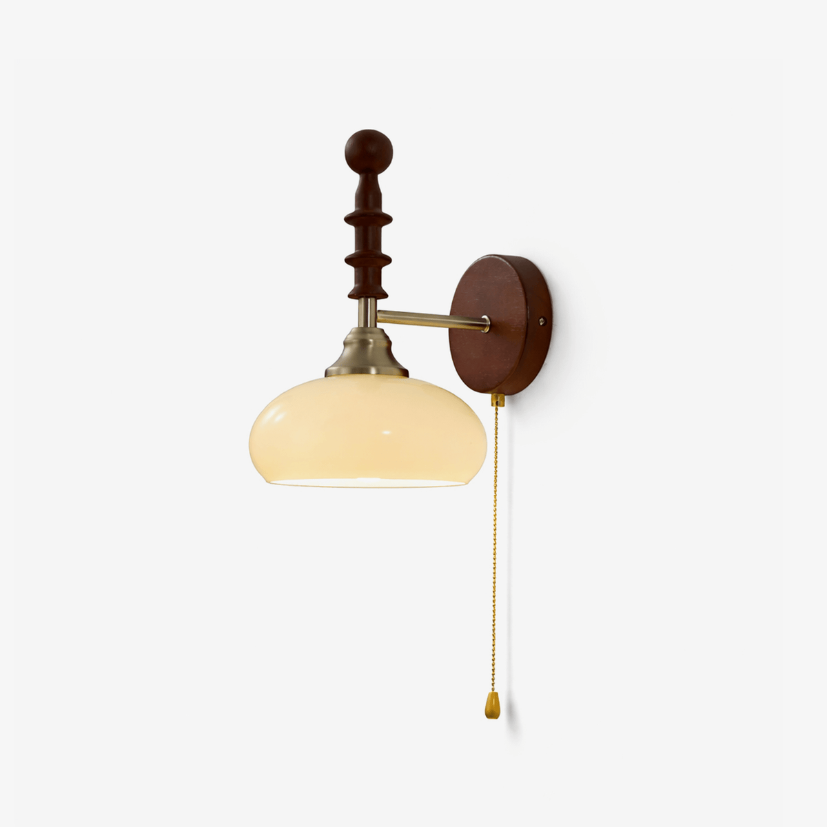 Vintage Wandlamp Met Trekkoord, Walnoot Houten Wandplaat En Opaalglazen Kap | Sansoti