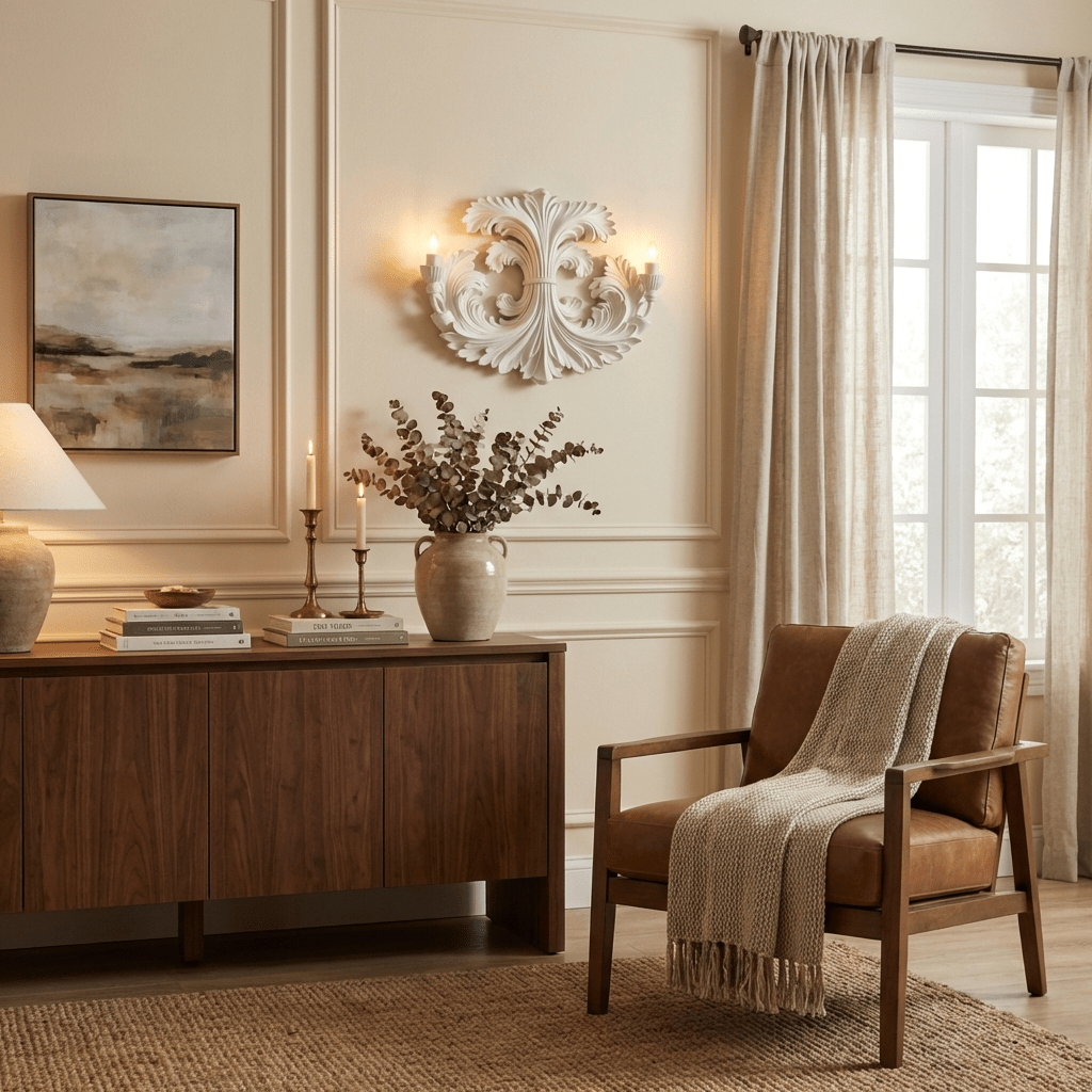 Classic Baroque Wall Lamp With Floral Plaster Details And Double Light Source For Atmospheric Indoor Lighting | Sansoti