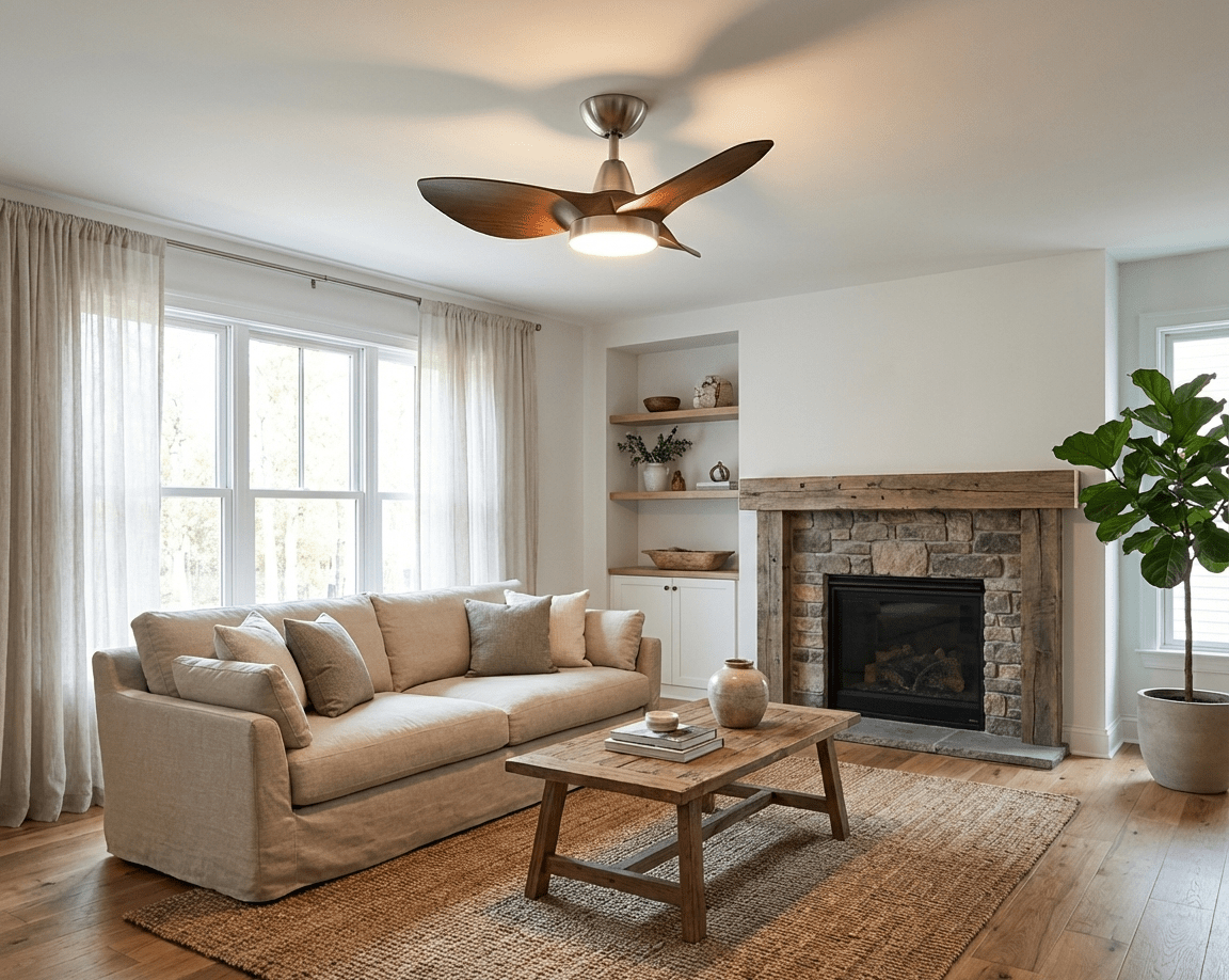 Scandi Deckenventilator mit Beleuchtung – Walnuss- & Nickel-Finish – 6 Geschwindigkeiten & LED dimmbar | Sansoti