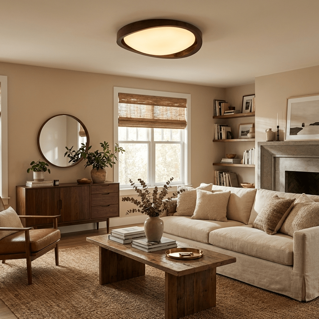 Holz-Deckenleuchte mit gebogenem Rand – skandinavisches Design mit Walnuss-Finish und warmem Licht für Wohnzimmer und Schlafzimmer | Sansoti