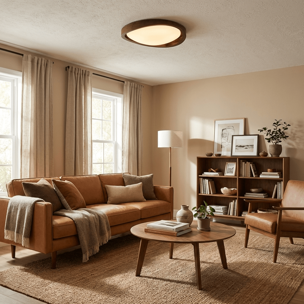 Wooden Ceiling Light with Curved Edge – Scandinavian Design with Walnut Finish & Warm Lighting for Living Room Bedroom | Sansoti