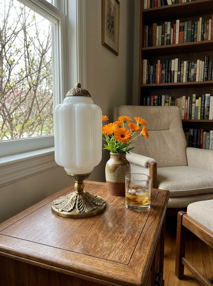 Vintage Glass Table Lamp with Brass or Black Finish | Sansoti