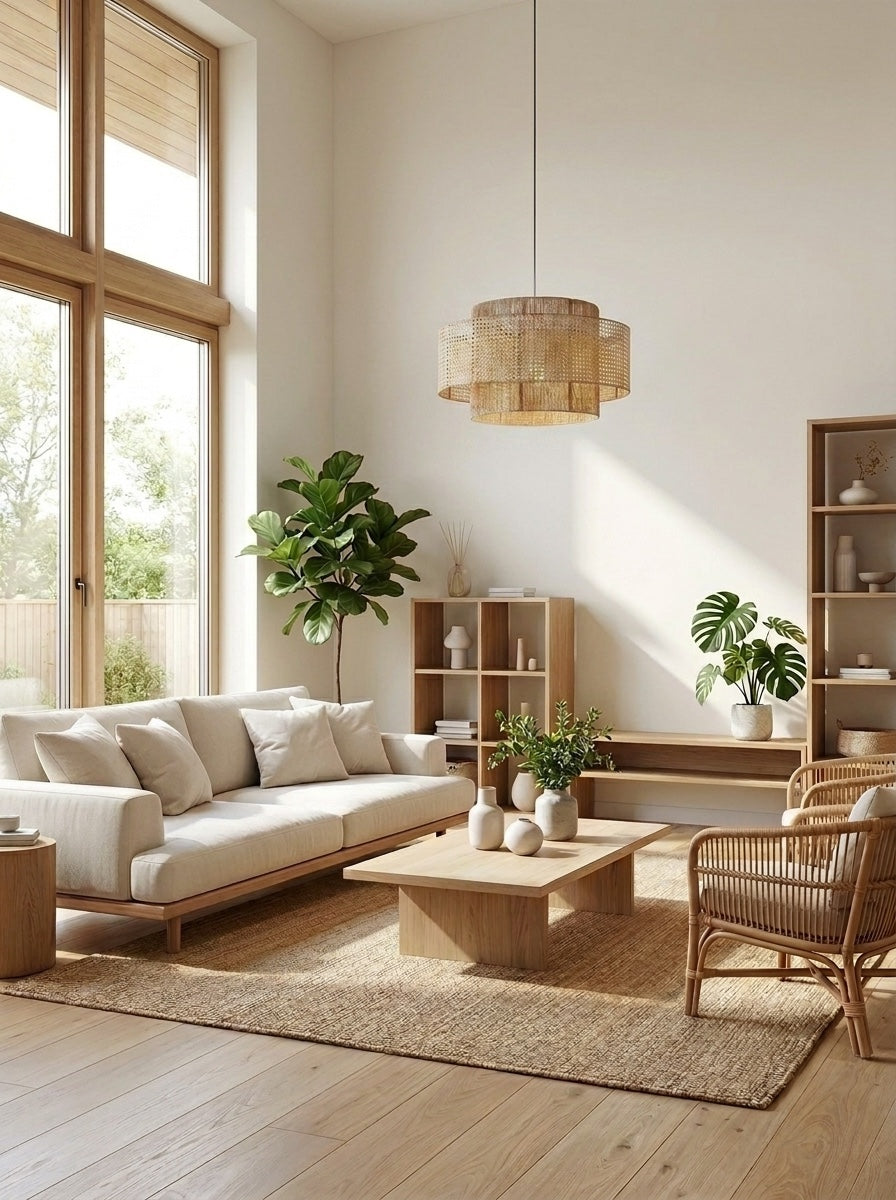 Handgewebte Hanf Hängelampe im Zen-Stil – Natürliche Rattan Trommel Lampe für Rustikale Atmosphäre | Sansoti