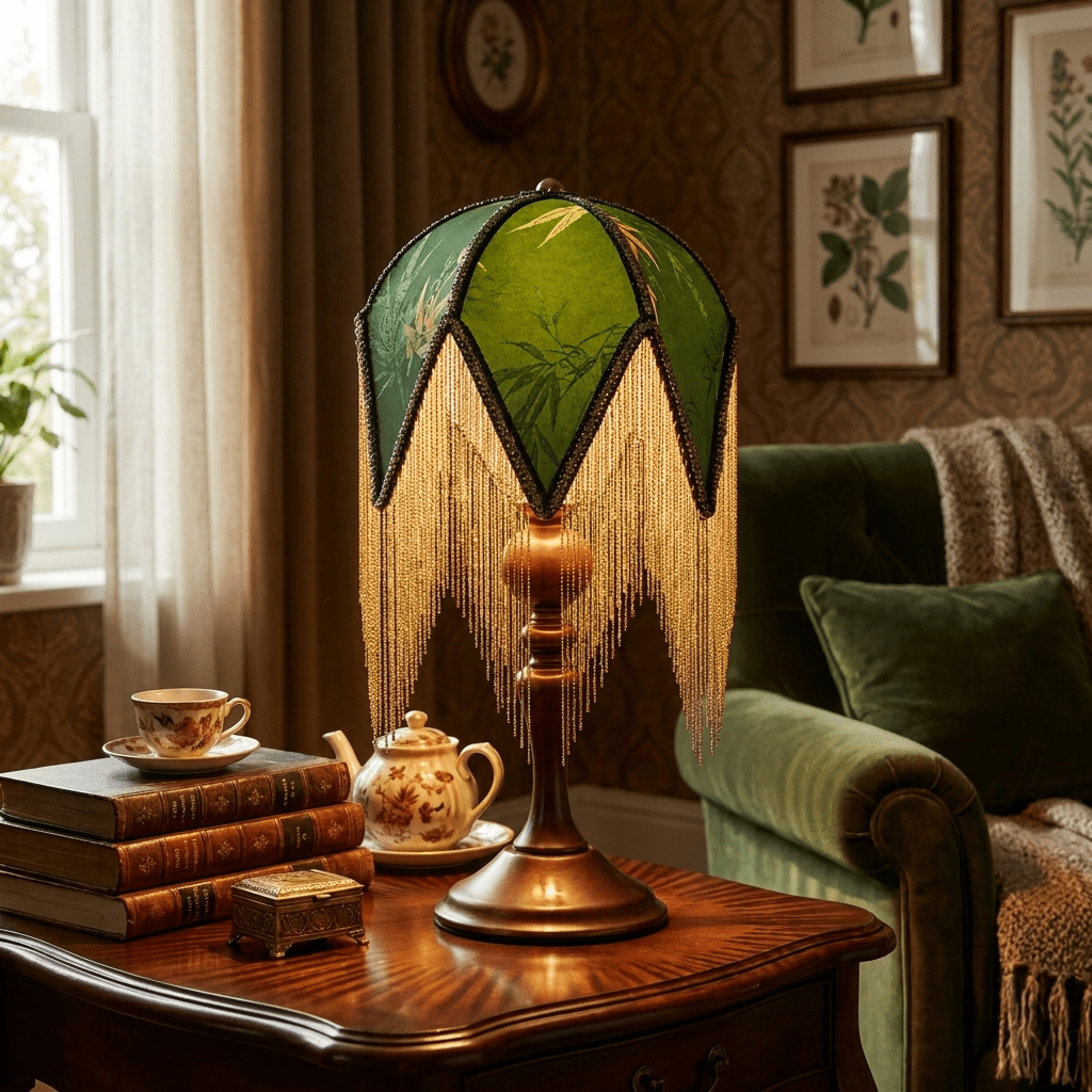 Tischlampe mit Fransen, Walnussholz, grünem Muster, E27, steckerfertig, Boho-Stil, Nachttischlampe, stimmungsvolle Beleuchtung fürs Wohnzimmer | Sansoti