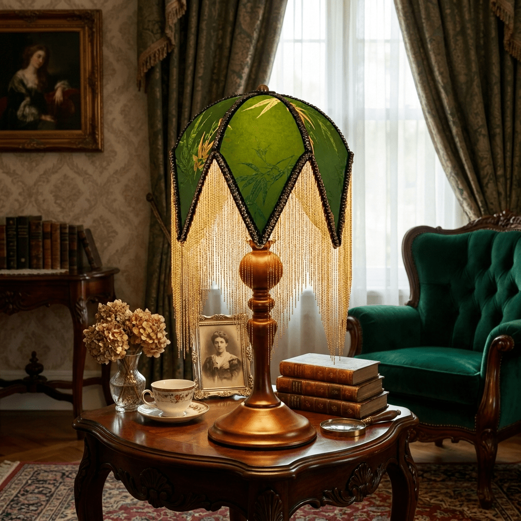Tischlampe mit Fransen, Walnussholz, grünem Muster, E27, steckerfertig, Boho-Stil, Nachttischlampe, stimmungsvolle Beleuchtung fürs Wohnzimmer | Sansoti