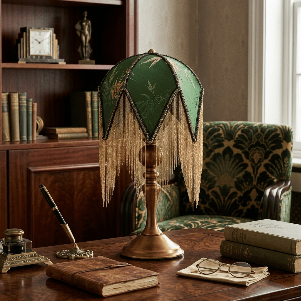 Tischlampe mit Fransen, Walnussholz, grünem Muster, E27, steckerfertig, Boho-Stil, Nachttischlampe, stimmungsvolle Beleuchtung fürs Wohnzimmer | Sansoti