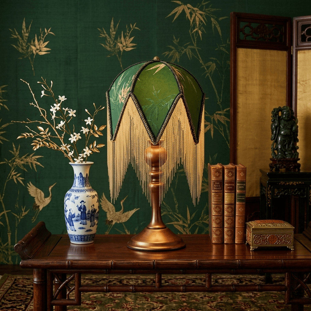 Tischlampe mit Fransen, Walnussholz, grünem Muster, E27, steckerfertig, Boho-Stil, Nachttischlampe, stimmungsvolle Beleuchtung fürs Wohnzimmer | Sansoti