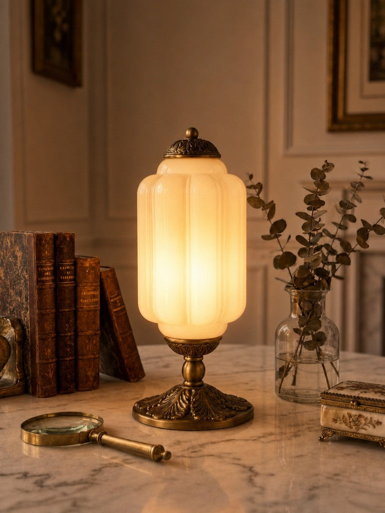 Glass Table Lamp with Scallop Design Vintage Style Bedroom Living Room Accent Lighting Black Brass Frosted Glass | Sansoti