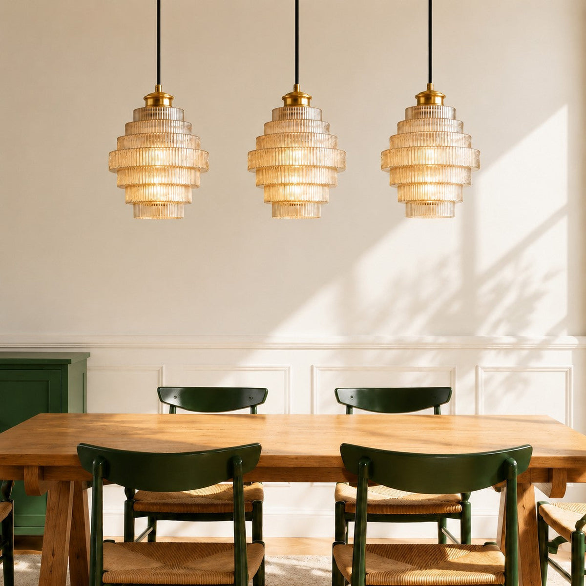 Gerippte Glas-Hängeleuchte mit geschichtetem Flaschendesign, E27, 22 cm, Essbereich-Deckenbeleuchtung im Vintage-Stil für das Wohnzimmer | Sansoti