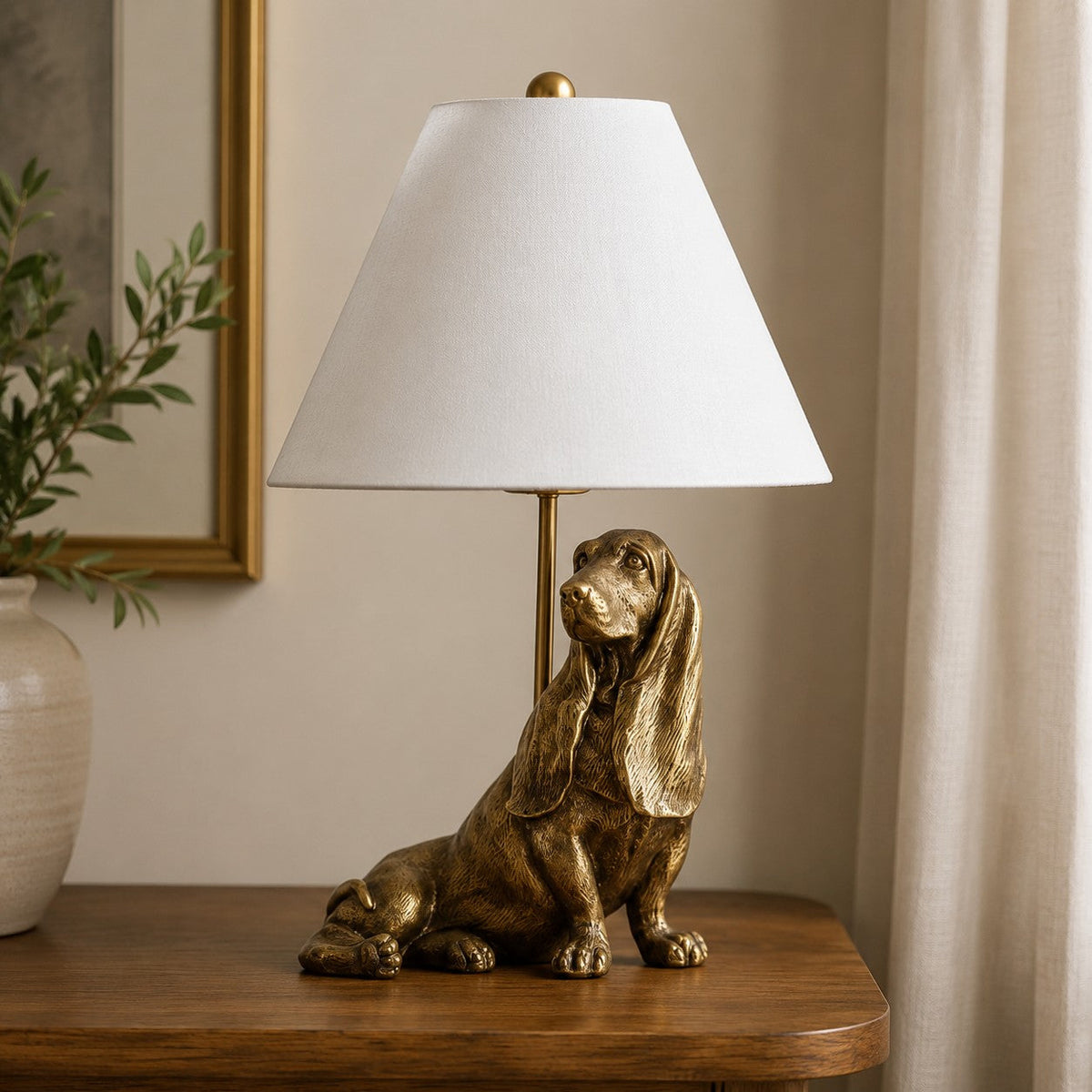 Animal Figure Table Lamp with Cotton Shade – Classic Nightstand Lamp with Animal Motif | Sansoti