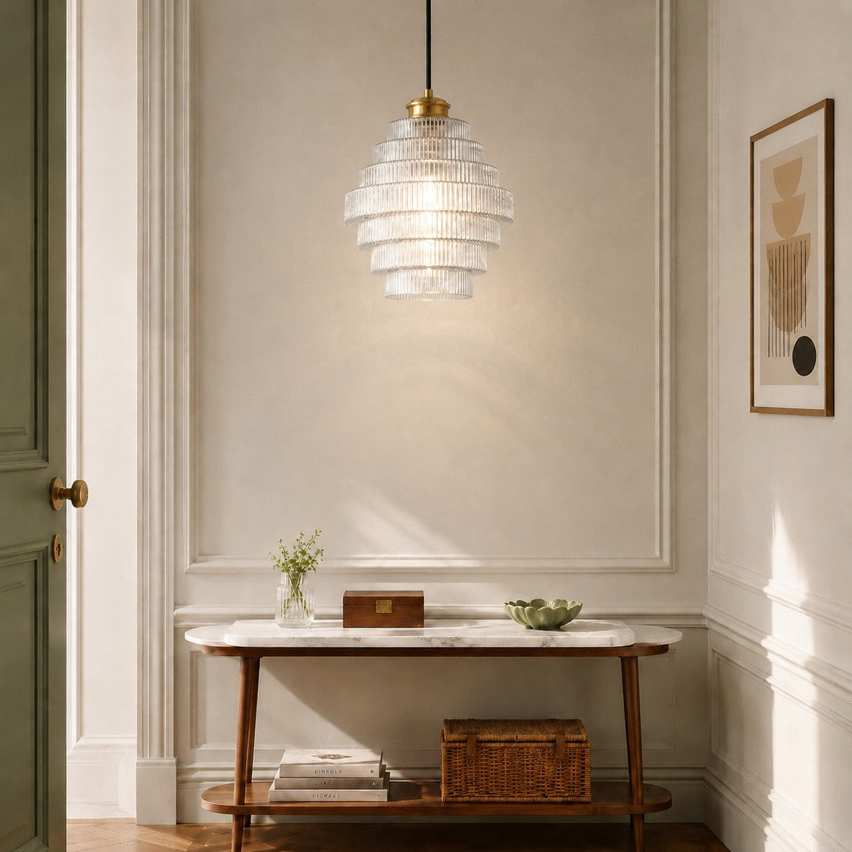 Gerippte Glas-Hängeleuchte mit geschichtetem Flaschendesign, E27, 22 cm, Essbereich-Deckenbeleuchtung im Vintage-Stil für das Wohnzimmer | Sansoti
