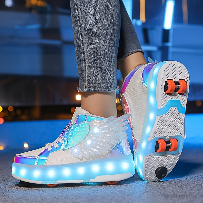 Roller Skate Sneakers USB Rechargeable Pink with Wings Kids Teens Light-Up Roller Shoes LED Sneakers with Wheels for Outdoors | Sansoti