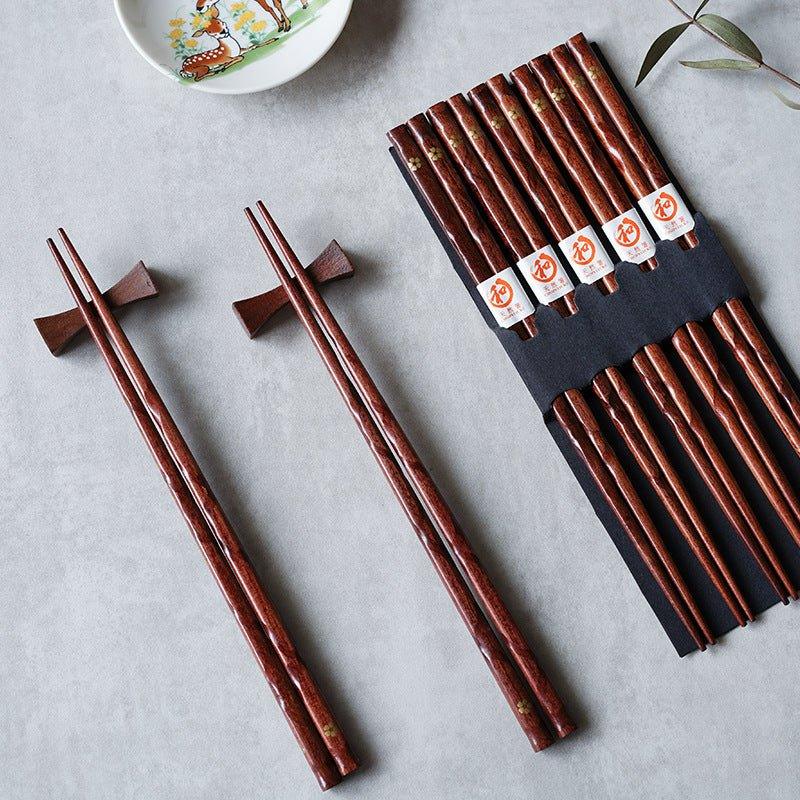 Set de 5 paires de baguettes en bois Sakura doré Fleur de cerisier Japonais fait main Cadeau | Sansoti