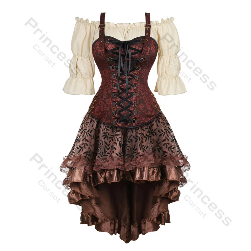 Piraten Korset Kostuum Set Kunstleer Off-Shoulder Blouse Gelaagde Rok Steampunk Gothic Halloween Verkleedkleding | Sansoti
