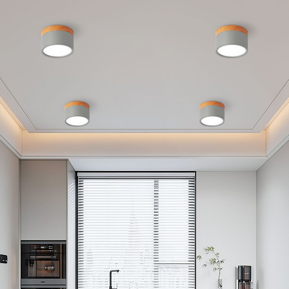 Plafonnier rond moderne en aluminium avec accents en bois et LED, éclairage scandinave pour entrée, salle à manger et salon | Sansoti