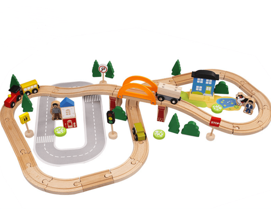 Houten Treinset met Rails 78-delig Speelgoed Inclusief Opbergbox Educatief Constructiespel Kinderen 3 Jaar | Sansoti