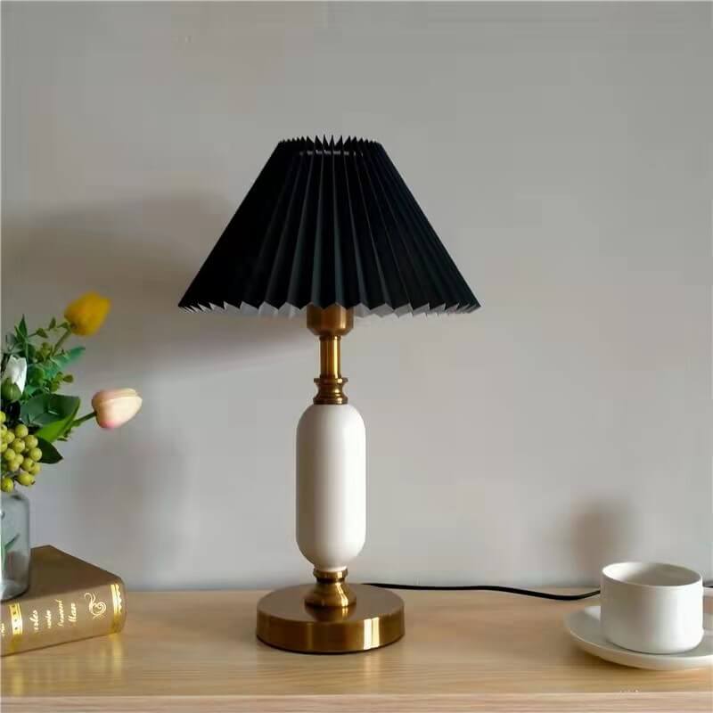 Tischlampe Gefalteter Schirm Metall Gold Schwarz Weiß 28x46cm E12 Schlafzimmer Wohnzimmer Retro | Sansoti