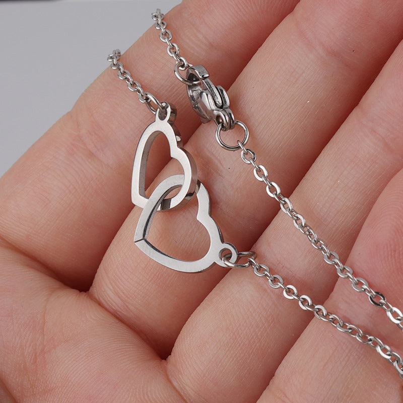 Collier en forme de cœur avec deux cœurs, en acier titane, bijou romantique pour femme, doré, argenté ou rosé, boîte cadeau | Sansoti