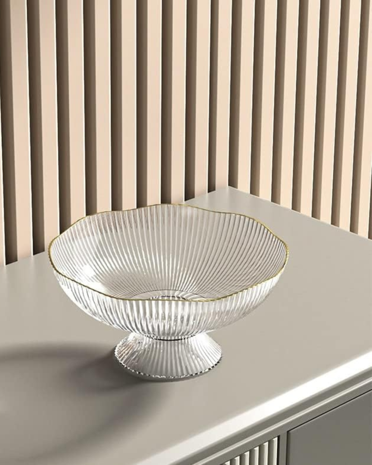 Footed Fruit Bowl with Gold Rim Ribbed Ceramic Transparent Green Gray for Table Centerpiece Interior | Sansoti