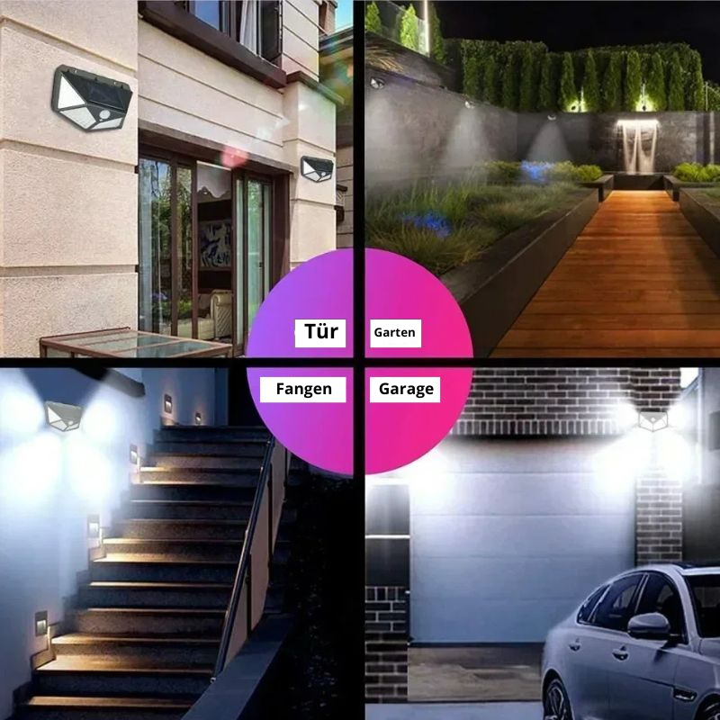 Wasserdichte Solar-Außenlampe mit Bewegungssensor, 100 LEDs, 3000K Warmweiß, Wandleuchte, Gartenbeleuchtung, IP65 | Sansoti