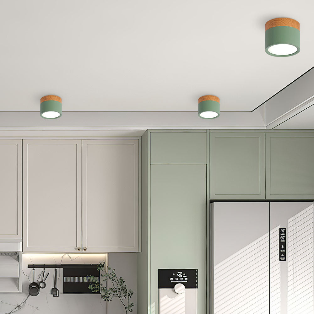 Plafonnier rond moderne en aluminium avec accents en bois et LED, éclairage scandinave pour entrée, salle à manger et salon | Sansoti